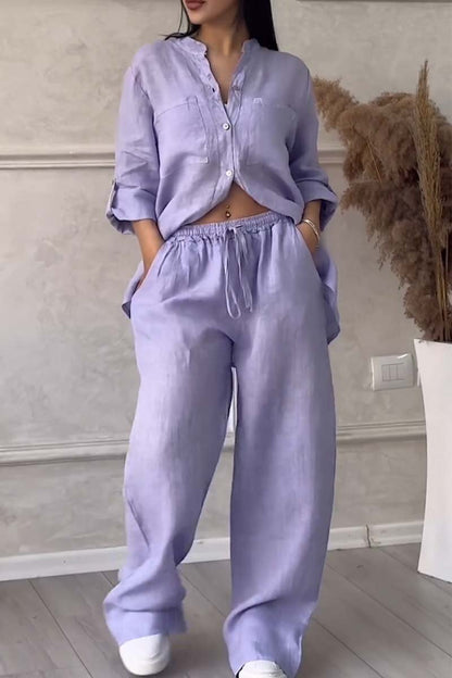 🤲🎄Casual solid color cotton and linen pants two-piece set