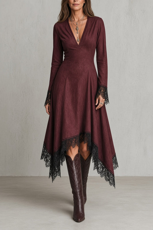 🅶Women's Vintage V-Neck Dress | Red Dress with Black Lace Details