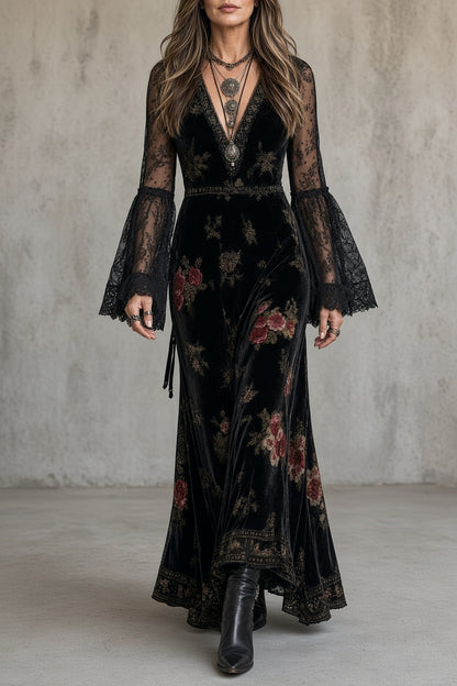 🅶Women's Floral Velvet Maxi Dress | Elegant Sheer Lace Sleeve Dress