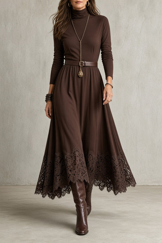 🅶Women's Vintage High-Neck Dress | Elegant Lace Hem Midi Dress