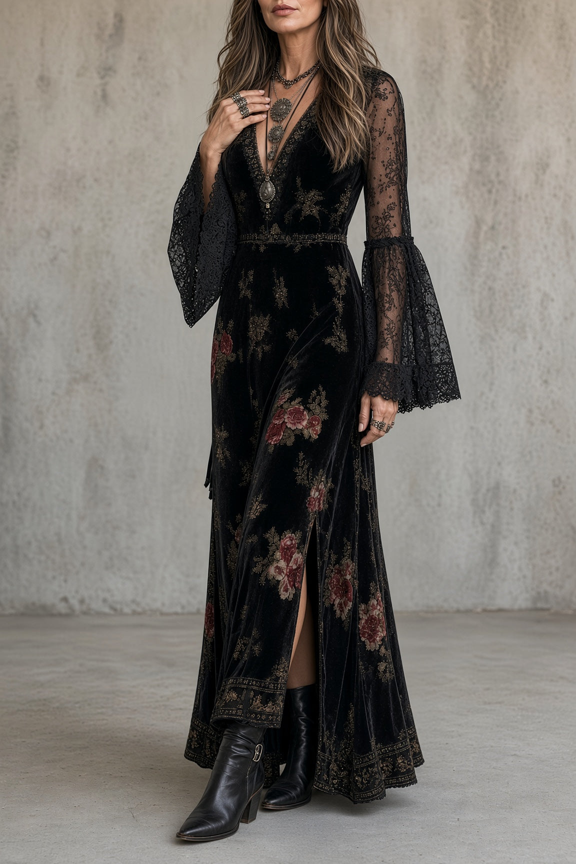 🅶Women's Floral Velvet Maxi Dress | Elegant Sheer Lace Sleeve Dress