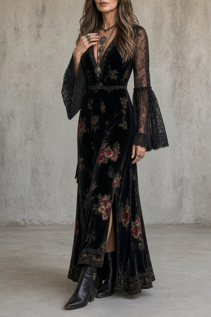 🅶Women's Floral Velvet Maxi Dress | Elegant Sheer Lace Sleeve Dress