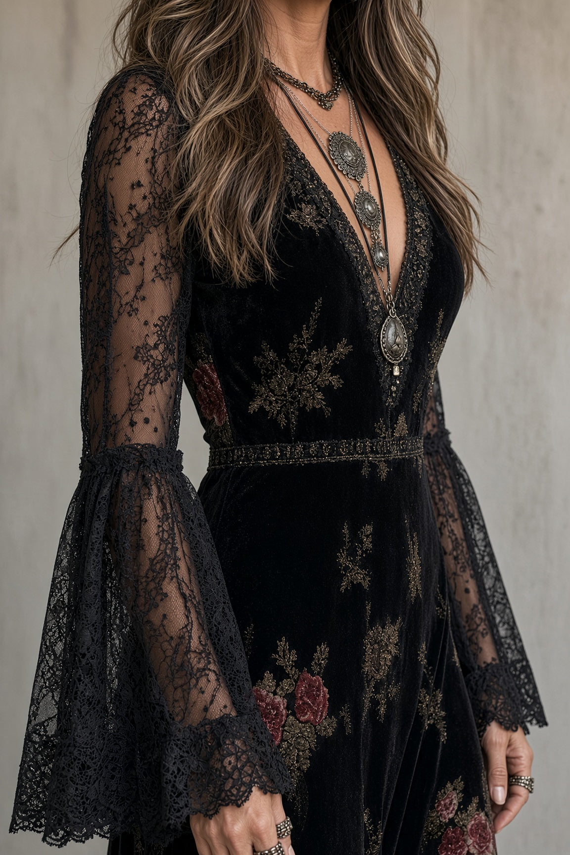 🅶Women's Floral Velvet Maxi Dress | Elegant Sheer Lace Sleeve Dress