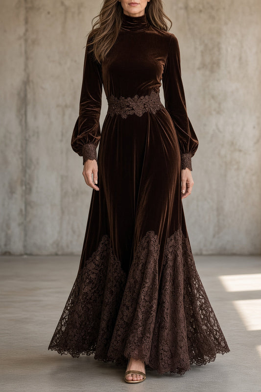 🅶Women's Velvet Maxi Dress | Elegant Lace Detail Evening Dress