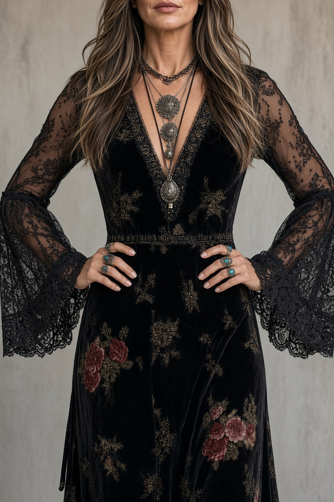 🅶Women's Floral Velvet Maxi Dress | Elegant Sheer Lace Sleeve Dress