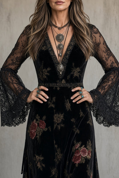 🅶Women's Floral Velvet Maxi Dress | Elegant Sheer Lace Sleeve Dress