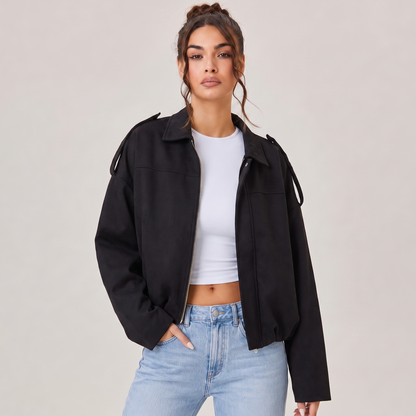 Women's Cropped Faux Suede Jacket | Oversized Casual Zip-Up Jacket