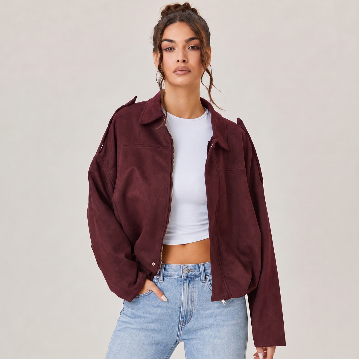 Women's Cropped Faux Suede Jacket | Oversized Casual Zip-Up Jacket
