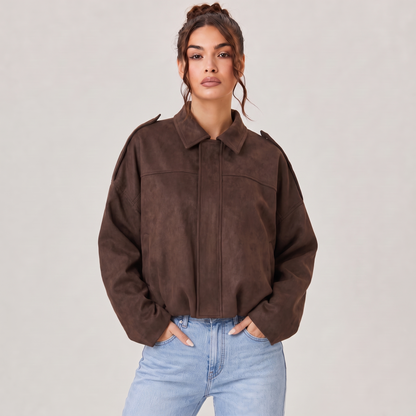Women's Cropped Faux Suede Jacket | Oversized Casual Zip-Up Jacket