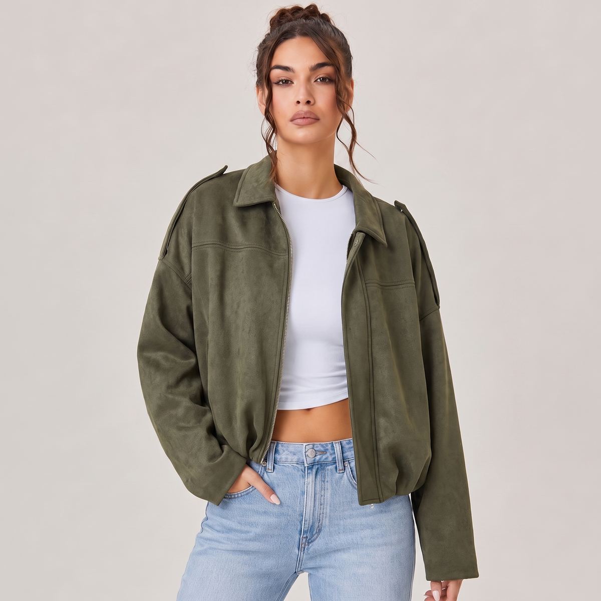 Women's Cropped Faux Suede Jacket | Oversized Casual Zip-Up Jacket