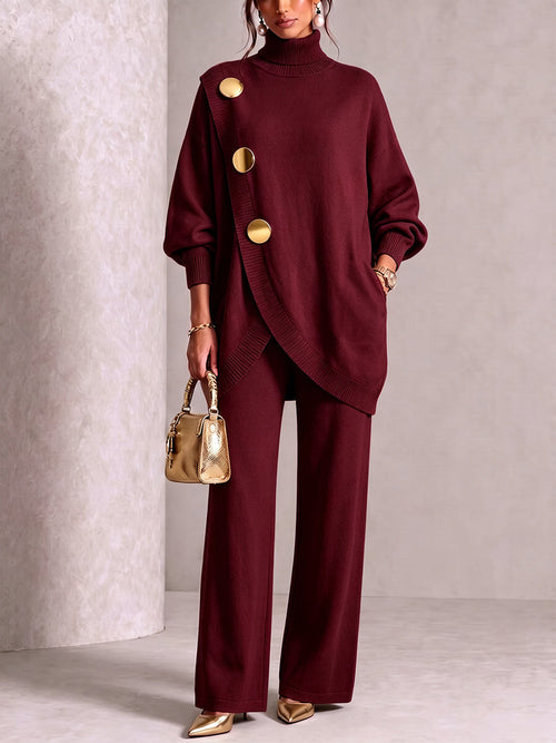 🤲LAST DAY SAVE 49% ⏰Elegant Burgundy Knit Asymmetrical Button Set— FREE Handbag