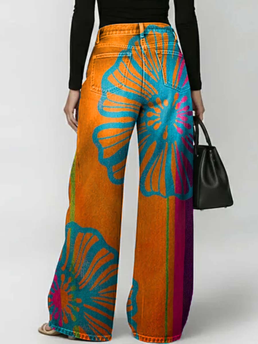 Women's Retro Floral Print Jeans | High Waist Casual Straight Leg Pants