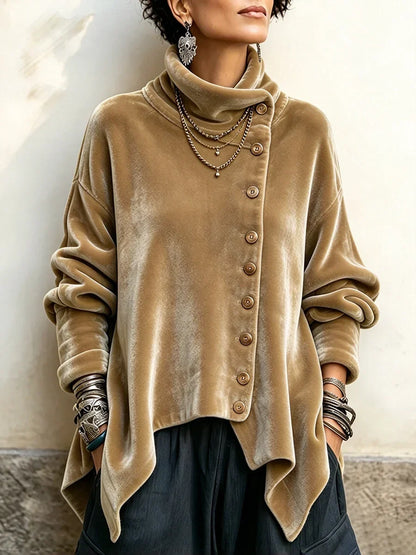🤲LAST DAY SAVE 49% 🐆Chic Velvet Asymmetric Button Turtleneck Top