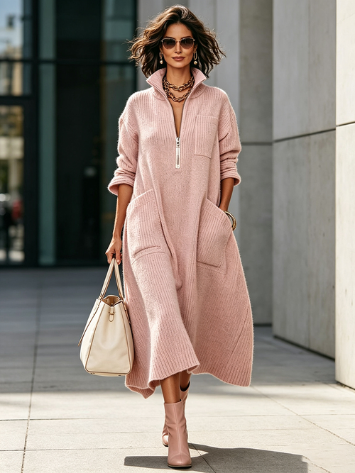 🤲LAST DAY SAVE 49% ⏰Elegant Quarter-zip High Collar Oversized Knit Midi Dress— FREE Handbag