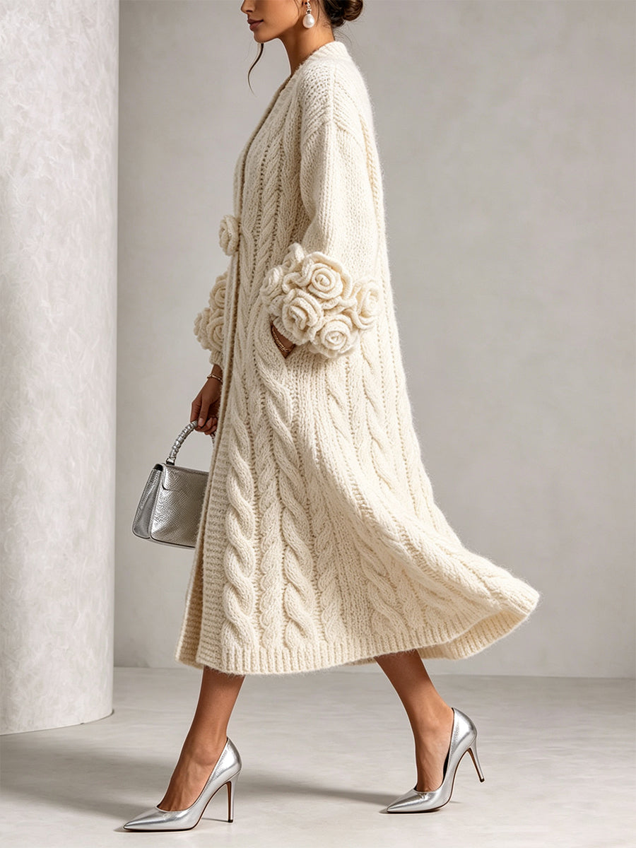 🤲LAST DAY SAVE 49% ⏰Chic Cream Floral Accented Cable-Knit Cardigan— FREE Handbag