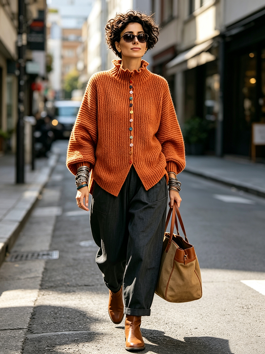 🤲LAST DAY SAVE 49% ⏰Vibrant Ruffled Turtleneck Sweater With Colorful Rainbow Buttons