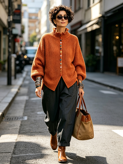 🤲LAST DAY SAVE 49% ⏰Vibrant Ruffled Turtleneck Sweater With Colorful Rainbow Buttons