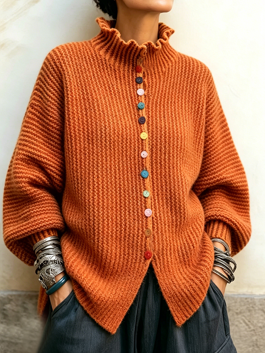 🤲LAST DAY SAVE 49% ⏰Vibrant Ruffled Turtleneck Sweater With Colorful Rainbow Buttons