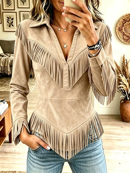 🤲LAST DAY SAVE 49% ⏰Women's Western Fringe Suede Pointed Hem Top