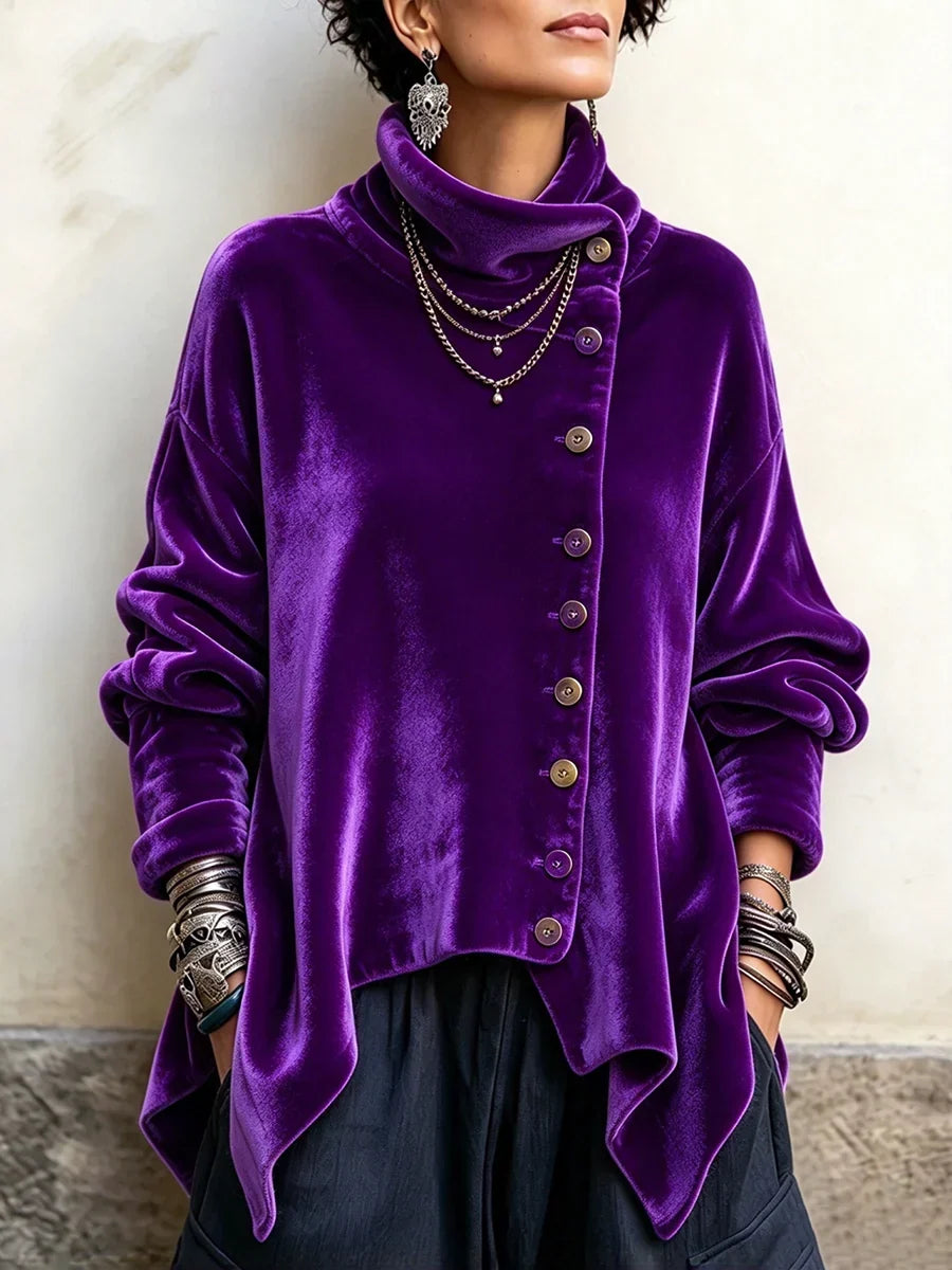 🤲LAST DAY SAVE 49% ⏰Chic Velvet Asymmetric Button Turtleneck Top+🔥Free Crossbody Bag