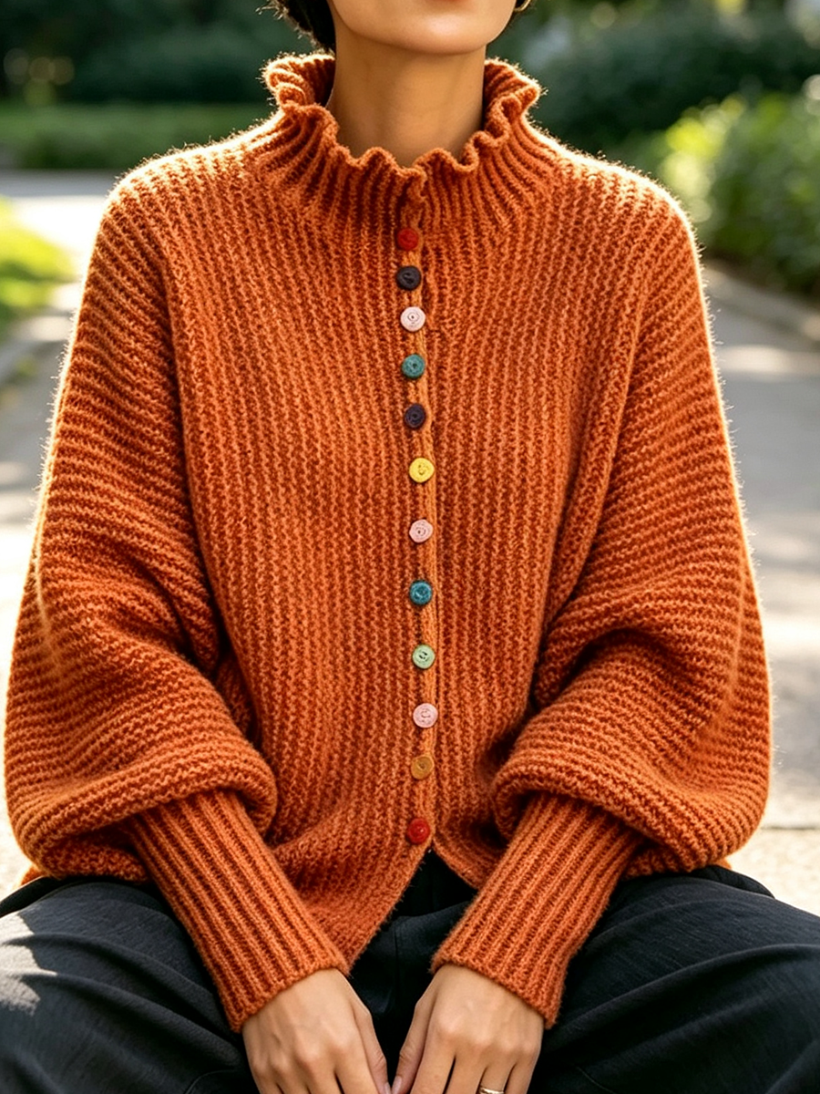🤲LAST DAY SAVE 49% ⏰Vibrant Ruffled Turtleneck Sweater With Colorful Rainbow Buttons