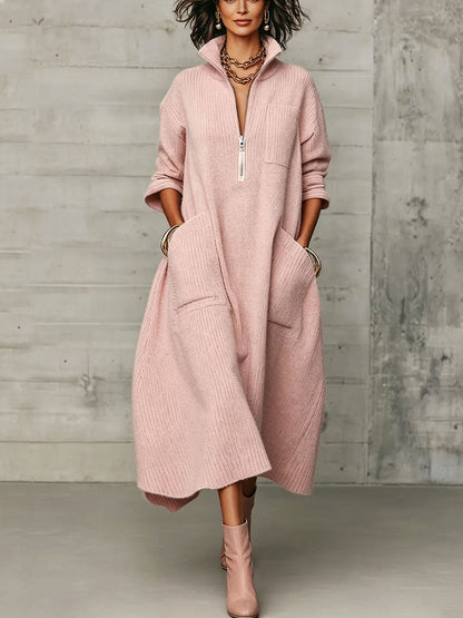 🤲LAST DAY SAVE 49% ⏰Elegant Quarter-zip High Collar Oversized Knit Midi Dress— FREE Handbag