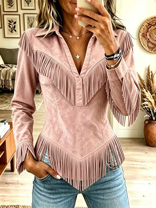 🤲LAST DAY SAVE 49% ⏰Women's Western Fringe Suede Pointed Hem Top