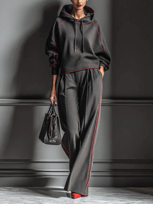 🤲LAST DAY SAVE 49% ⏰Chic Charcoal Grey Red-Trimmed Hooded Tracksuit Set— FREE Handbag