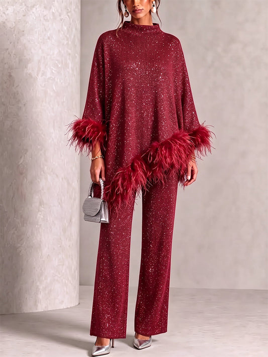 🤲LAST DAY SAVE 49% ⏰Glamorous  Feather-Trimmed Knit Two-Piece Set — FREE Handbag