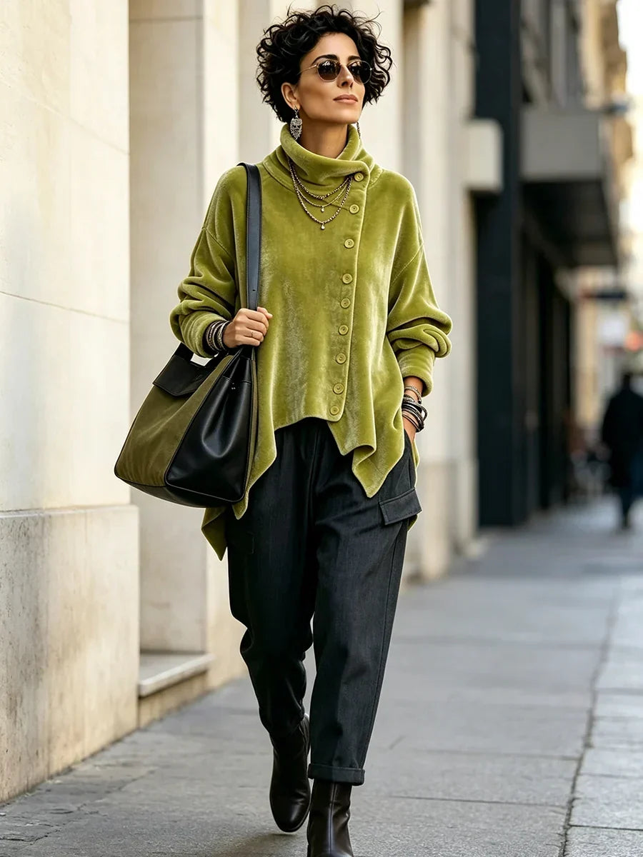 🤲LAST DAY SAVE 49% ⏰Chic Velvet Asymmetric Button Turtleneck Top+🔥Free Crossbody Bag