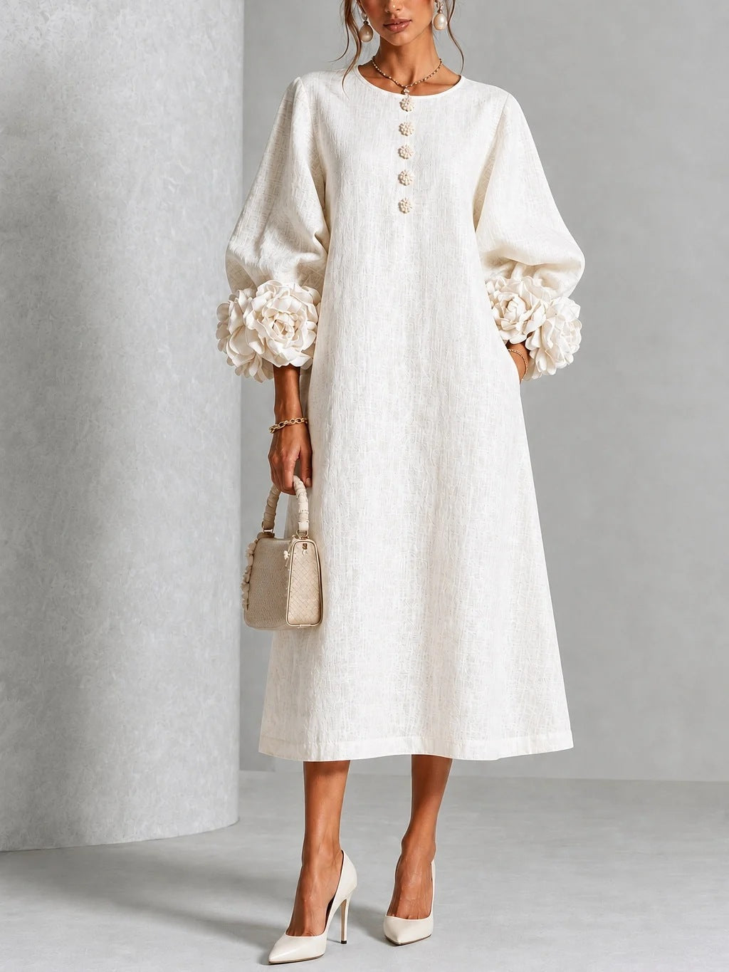 🤲LAST DAY SAVE 49% ⏰3D Floral Cuff Midi Dress – Relaxed A-Line Button Front— FREE Handbag