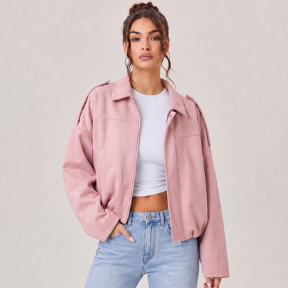 Women's Cropped Faux Suede Jacket | Oversized Casual Zip-Up Jacket