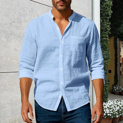 Men's Linen Stand Collar Shirt | Casual Long Sleeve Button-Up