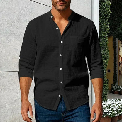 Men's Linen Stand Collar Shirt | Casual Long Sleeve Button-Up
