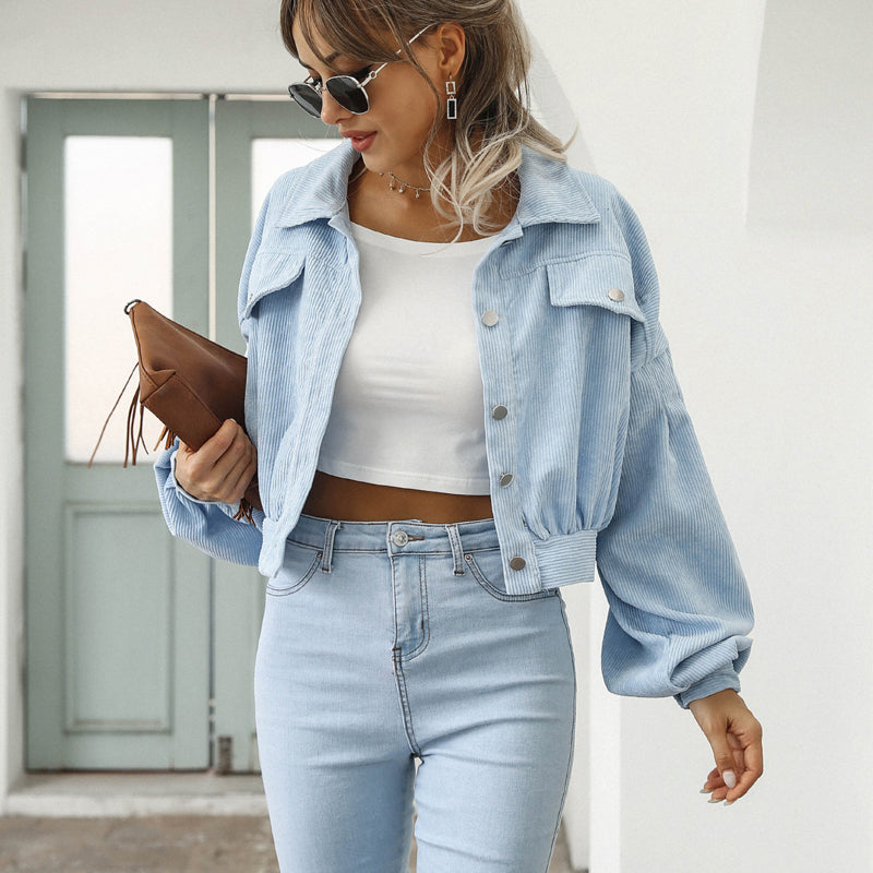 Women's Cropped Corduroy Jacket | Balloon Sleeve Button-Up Jacket