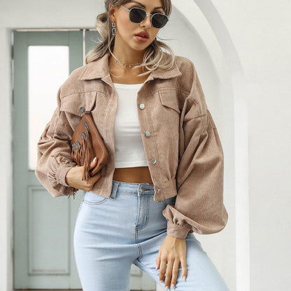 Women's Cropped Corduroy Jacket | Balloon Sleeve Button-Up Jacket
