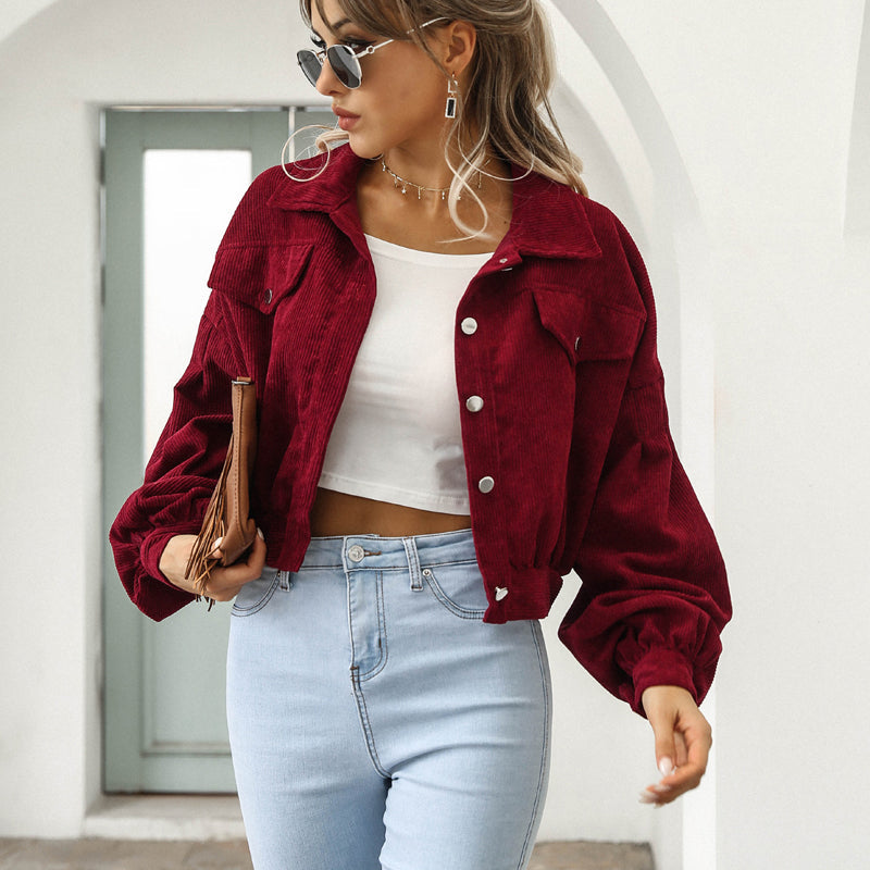 Women's Cropped Corduroy Jacket | Balloon Sleeve Button-Up Jacket