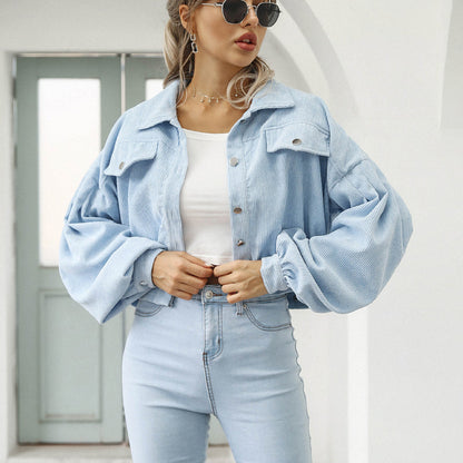 Women's Cropped Corduroy Jacket | Balloon Sleeve Button-Up Jacket