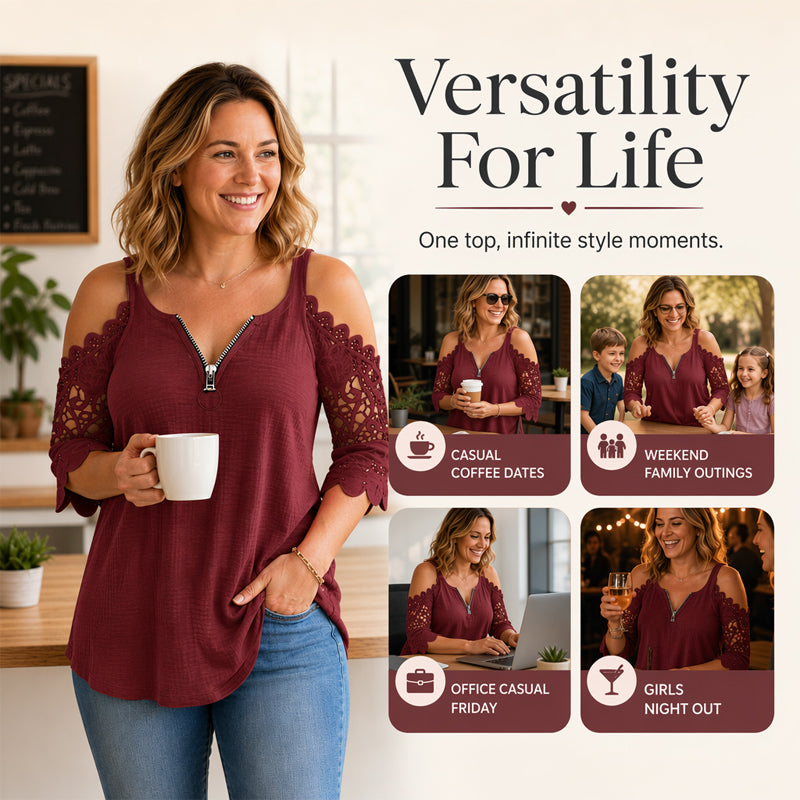 Women's Lace Sleeve V-Neck Casual Blouse – Elegant Loose Fit Tunic Top
