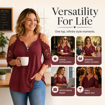 Women's Lace Sleeve V-Neck Casual Blouse – Elegant Loose Fit Tunic Top