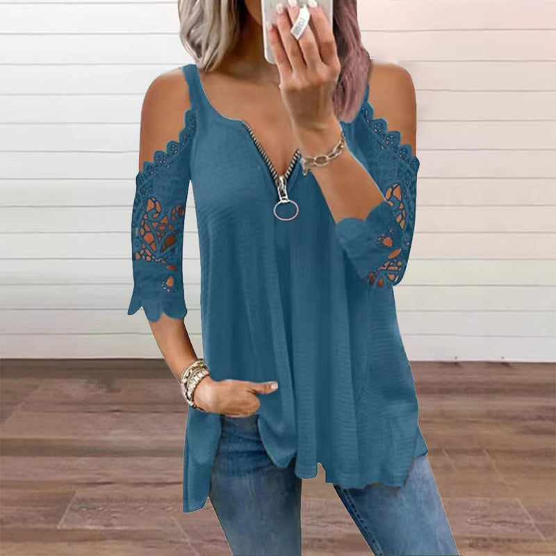 Women's Lace Sleeve V-Neck Casual Blouse – Elegant Loose Fit Tunic Top