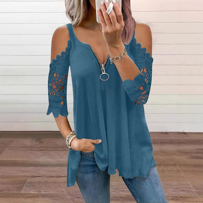 Women's Lace Sleeve V-Neck Casual Blouse – Elegant Loose Fit Tunic Top