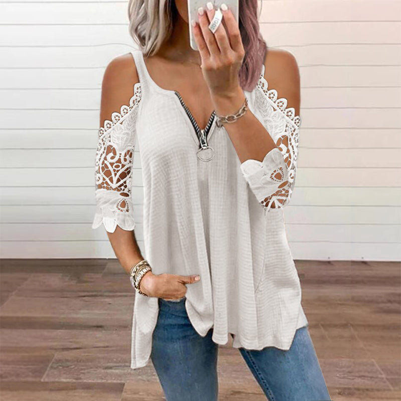 Women's Lace Sleeve V-Neck Casual Blouse – Elegant Loose Fit Tunic Top
