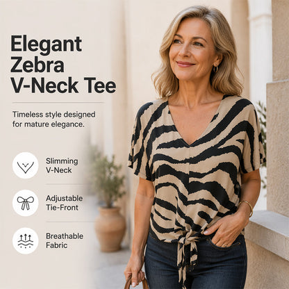 Women's V Neck Zebra Print Tie Front Casual T-Shirt