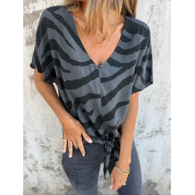 Women's V Neck Zebra Print Tie Front Casual T-Shirt