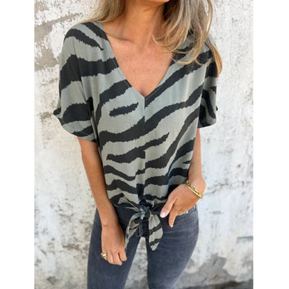 Women's V Neck Zebra Print Tie Front Casual T-Shirt