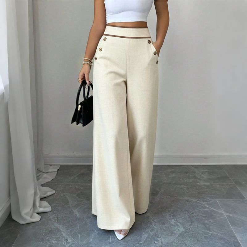 🤲Top Rated 🌿🛍️ Contrast-Trim Wide-Leg Pants – legant Drape & Flattering High-Rise