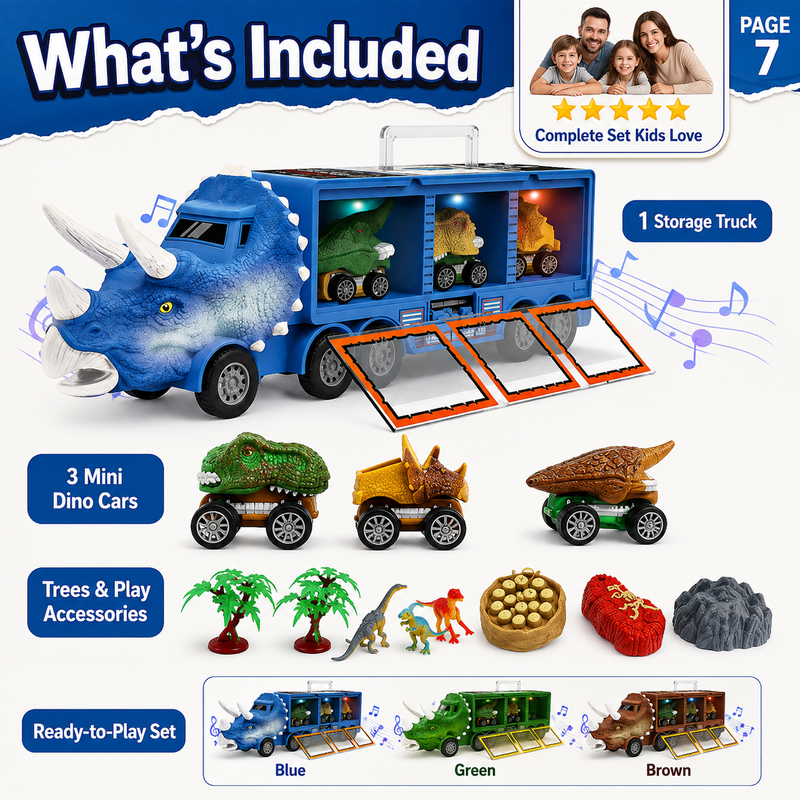 Dinosaur Transport Truck Playset – Lights, Music & Mini Dino Cars