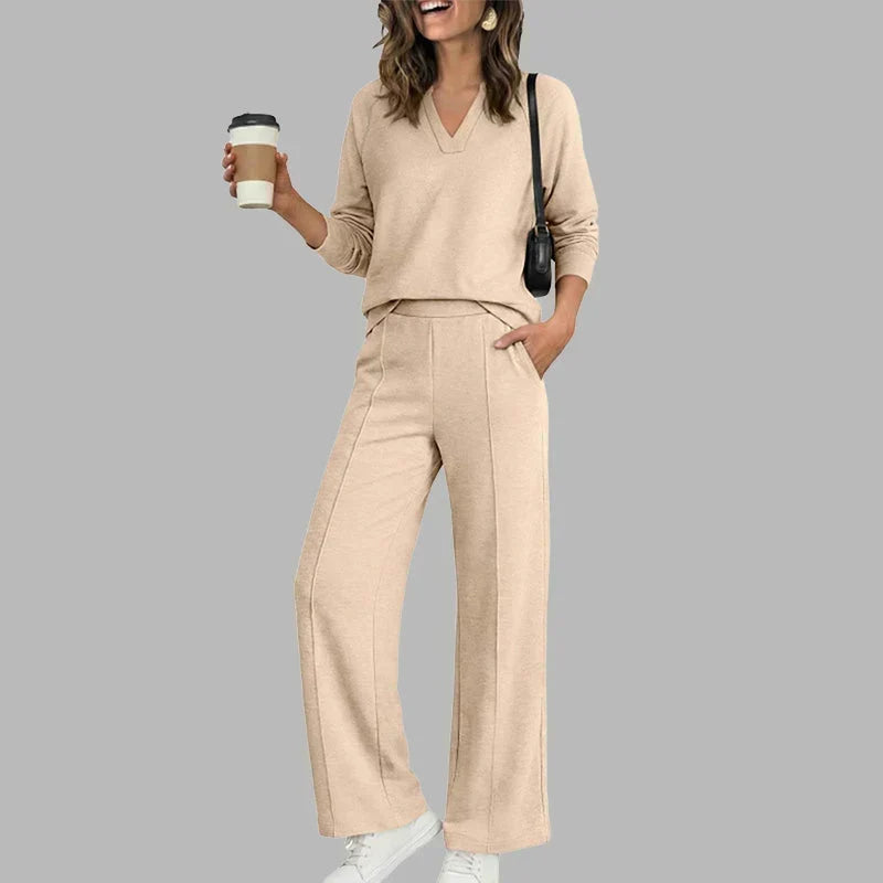 Women's V-Neck Two Piece Set | Relaxed Wide Leg Pants Outfit