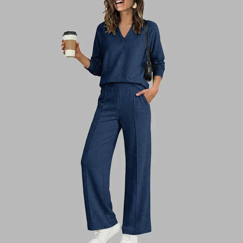 Women's V-Neck Two Piece Set | Relaxed Wide Leg Pants Outfit